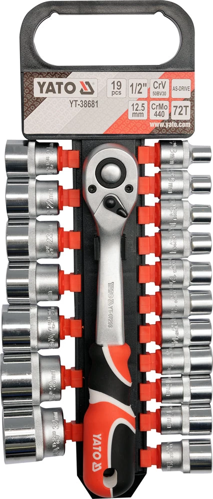 Galvučių rinkinys su terkšle | 12,5 mm (1/2) | 8-32 mm | 19 vnt. (YT-38681)