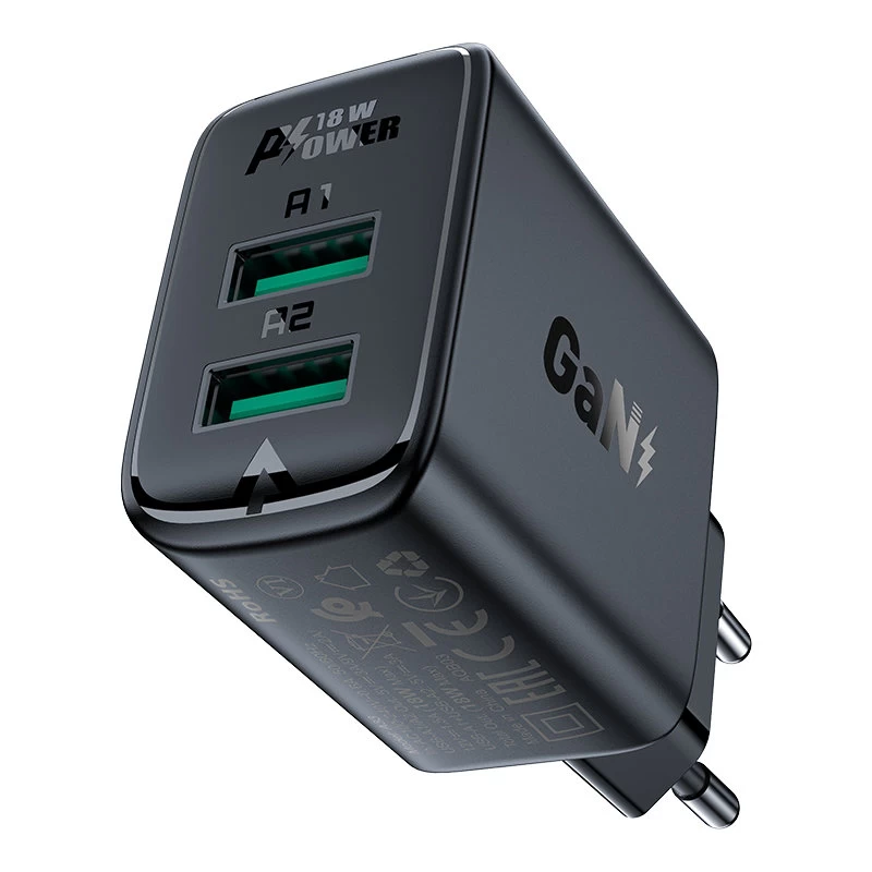 Gan 2x Usb 18w Qc 3.0 Afc Fcp Tinklo įkroviklis Juodas