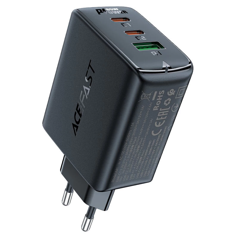 Gan 2x Usb-c Usb-a Pps Pd Qc4+ 65w Greitasis įkroviklis Juodas