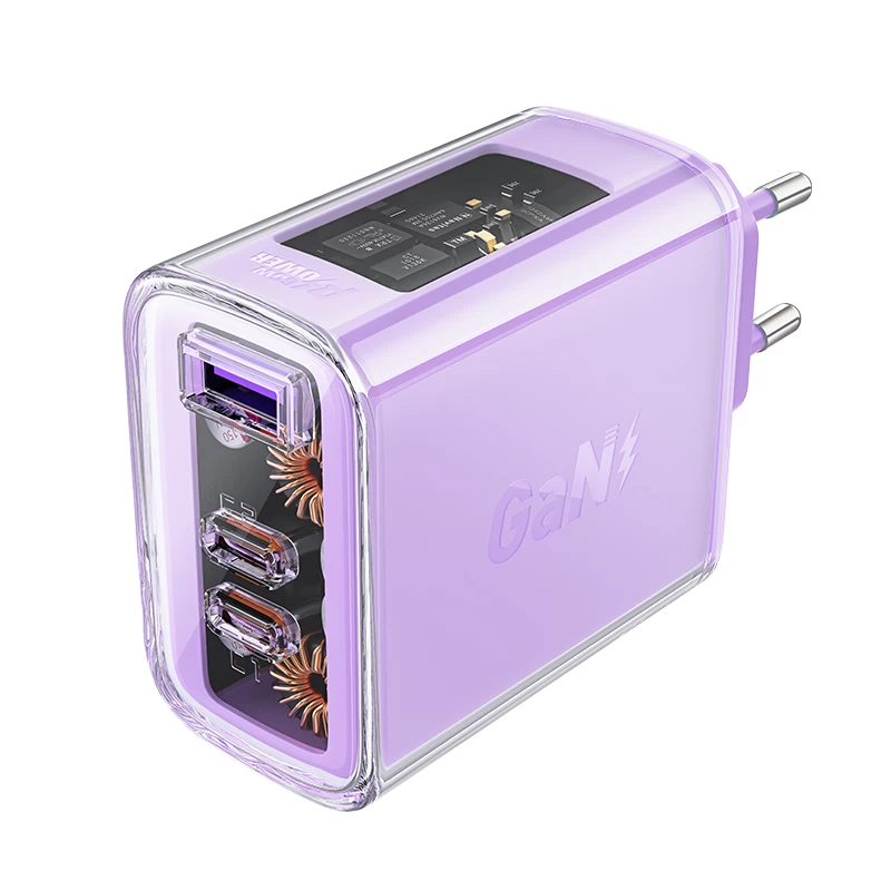 Gan 65w Tinklo įkroviklis 3 Prievadai 1x Usb 2x Usb-c Violetinės Spalvos