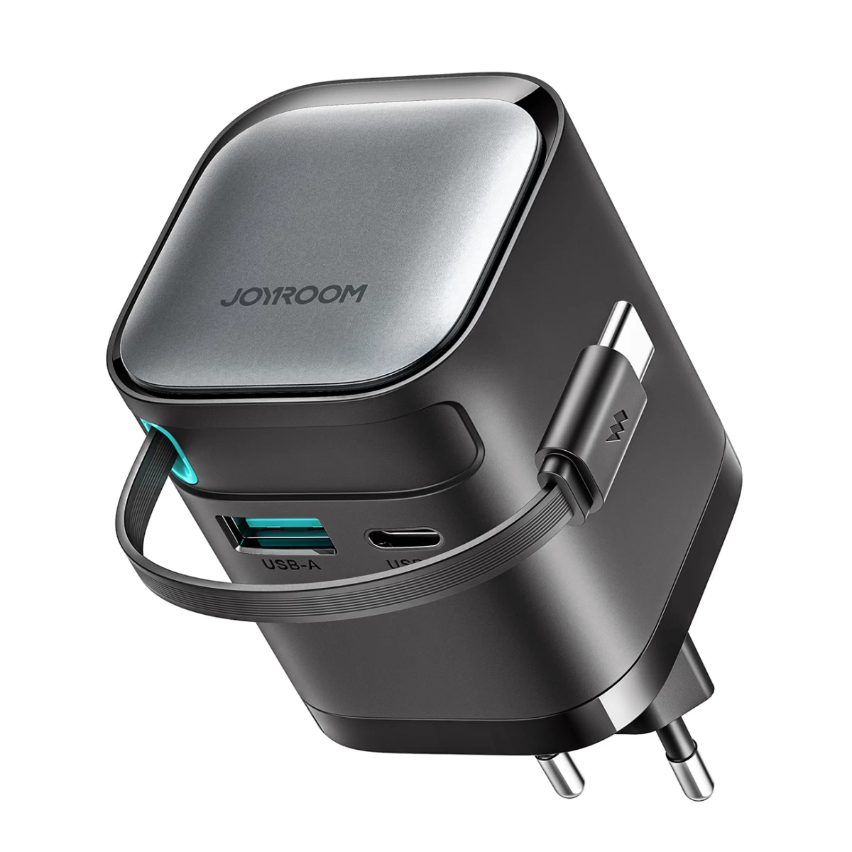 Gan 65w Usb-a Usb-c Tinklo įkroviklis Su Integruotu Usb-c Kabeliu - Juodas
