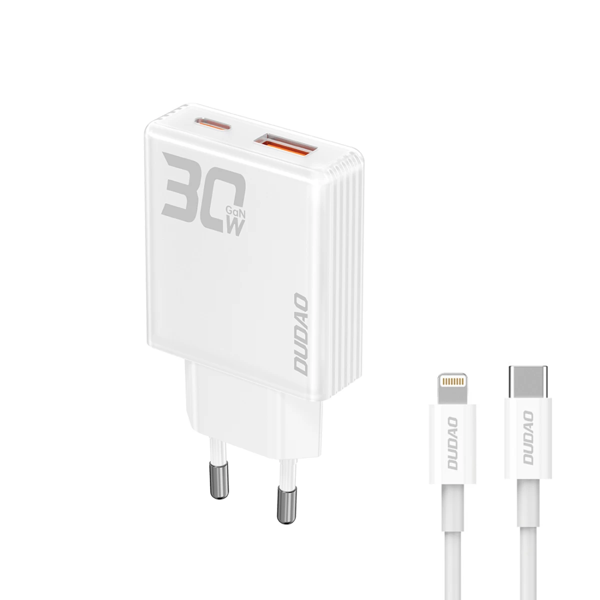 Gan A30eul 30w Usb-a Usb-c Tinklo įkroviklis + Usb-c - Lightning Kabelis - Baltas