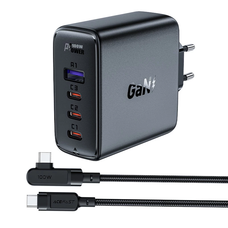 Gan Greitasis įkroviklis 3x Usb-c 1x Usb-a + Usb-c Kampinis Kabelis 100w 2 M Juodas