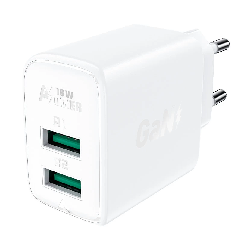 Gan Tinklo įkroviklis 2x Usb 18w Qc 3.0 Afc Fcp Baltos Spalvos