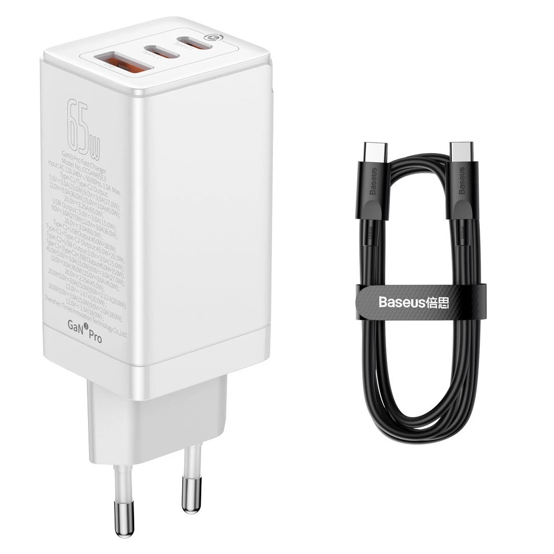 Gan3 Pro 2x Usb-c / Usb Greitasis Universalusis įkroviklis + Usb-c Laidas 65w - Baltas