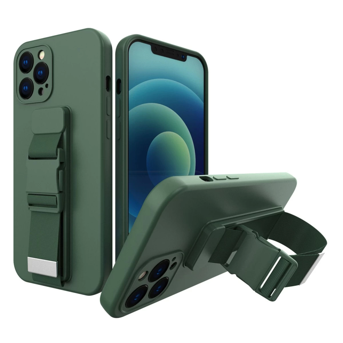Gelinis Dėklas Su Virvele Ir Grandinėle iphone 12 Pro Max Tamsiai žalias