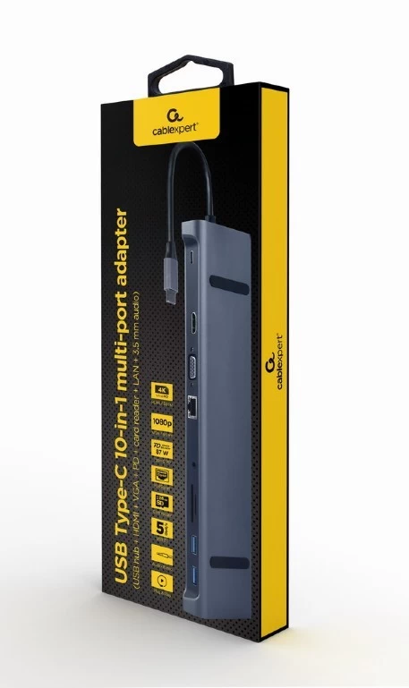 Gembird Usb šakotuvas Usb-c Pd Gbe Vga Hdmi 3xusb 3.1 Sd Kortelių Skaitytuvas