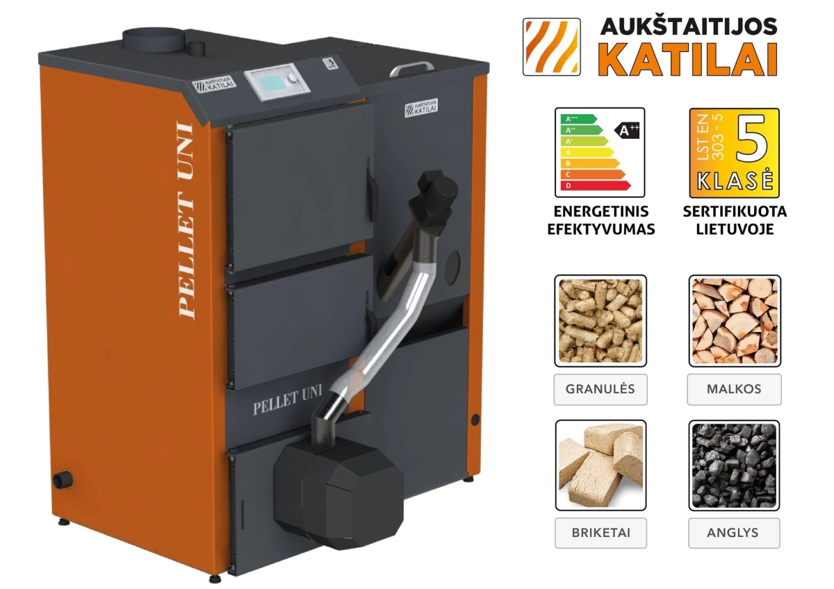 Granulinis katilas PELLET UNI 26 kW su rotac. 26 kW degikliu, sraigtu, 350 l met. bunkeriu