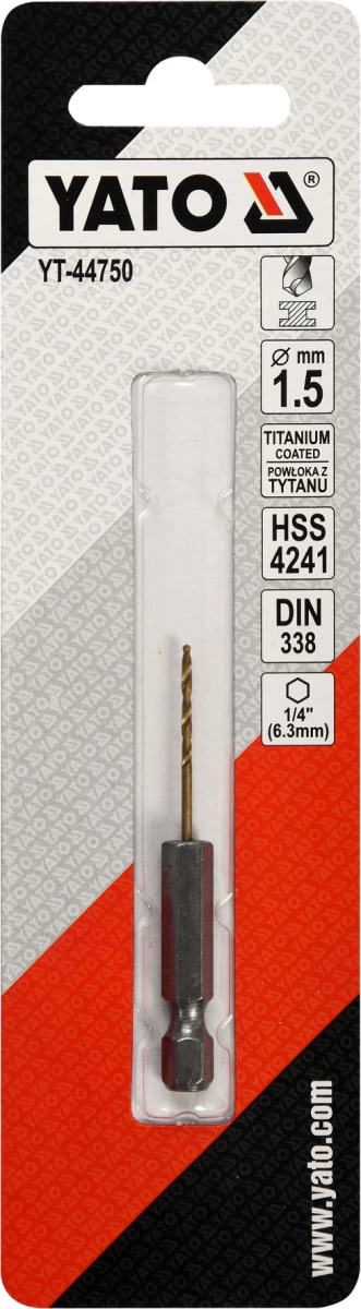 Grąžtas metalui su Hex 6.3 mm (1/4) galu HSS-TiN | 1,5 mm (YT-44750)