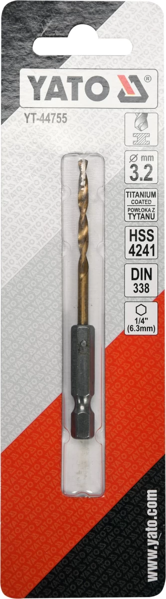 Grąžtas metalui su Hex 6.3 mm (1/4) galu HSS-TiN | 3.2 mm (YT-44755)
