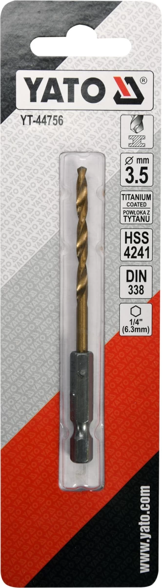 Grąžtas metalui su Hex 6.3 mm (1/4) galu HSS-TiN | 3.5 mm (YT-44756)