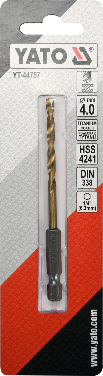 Grąžtas metalui su Hex 6.3 mm (1/4) galu HSS-TiN | 4.0 mm (YT-44757)
