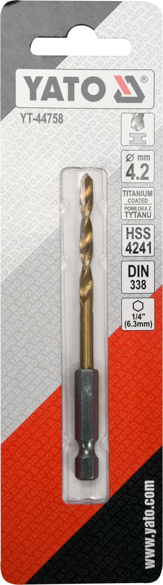 Grąžtas metalui su Hex 6.3 mm (1/4) galu HSS-TiN | 4.2 mm (YT-44758)