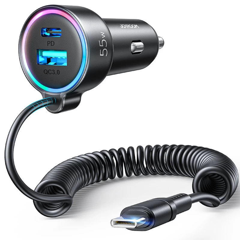 Greitasis Automobilinis įkroviklis 3-in-1 Su Usb-c Kabeliu 1,5 M 55 W, Juodas