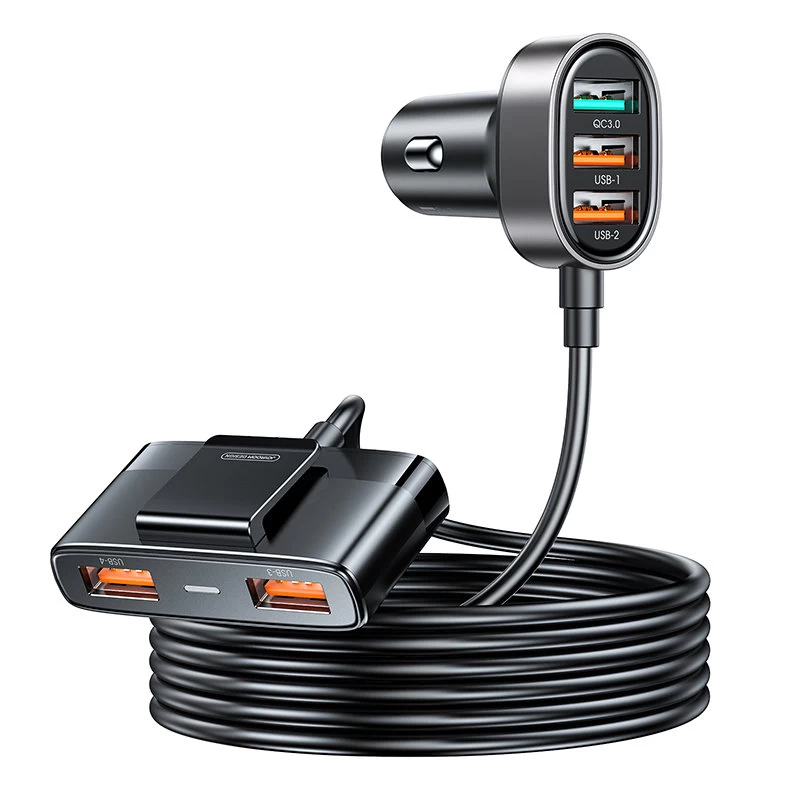 Greitasis Automobilinis įkroviklis 5x Usb-a Su 45 W Ilginamuoju Kabeliu, Juodas