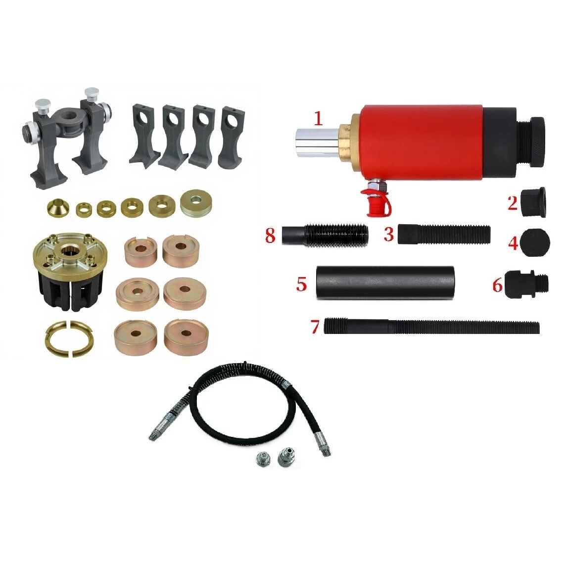 Guolių nuėmimo/uždėjimo rinkinys su hidrauliniu cilindru ir jungtimis 46vnt.