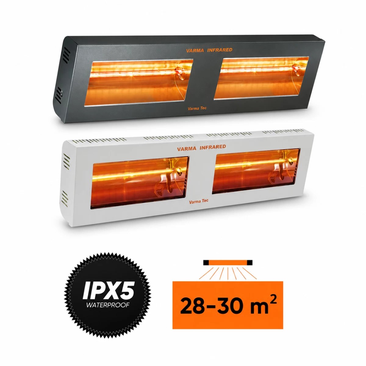 Halogeniniai infraraudonųjų spindulių šildytuvai VARMA 400/2,V400/2-30X5FM, 3000 W, pilkas