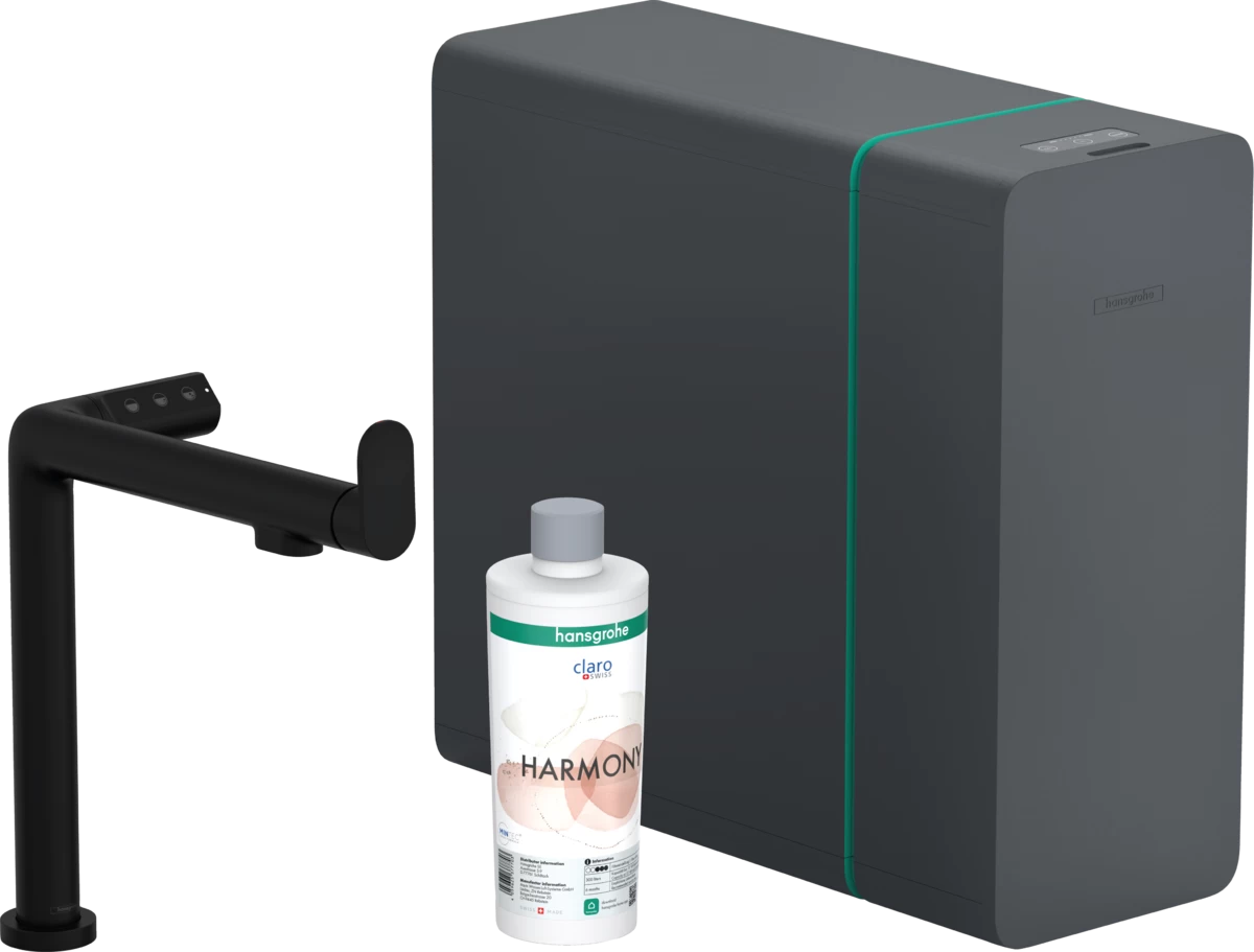 Hansgrohe maišytuvas plautuvei 240 AQITTURA M91 su ištraukiama galvute ir atšaka filtruotam ir gazuotam vandeniui, Juodas matinis, 76837670
