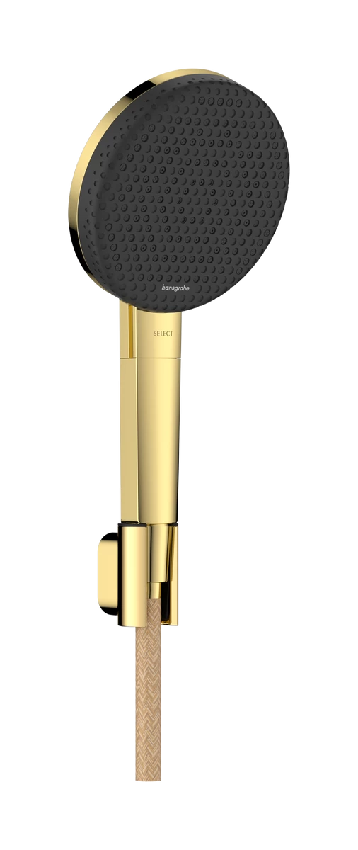 Hansgrohe Raindance Alive Select S dušo komplektas su laikikliu, 125 mm, 3 srovių, EcoSmart, Designflex tekstilinė žarna 160 cm, Polished Gold Optic, 24611990