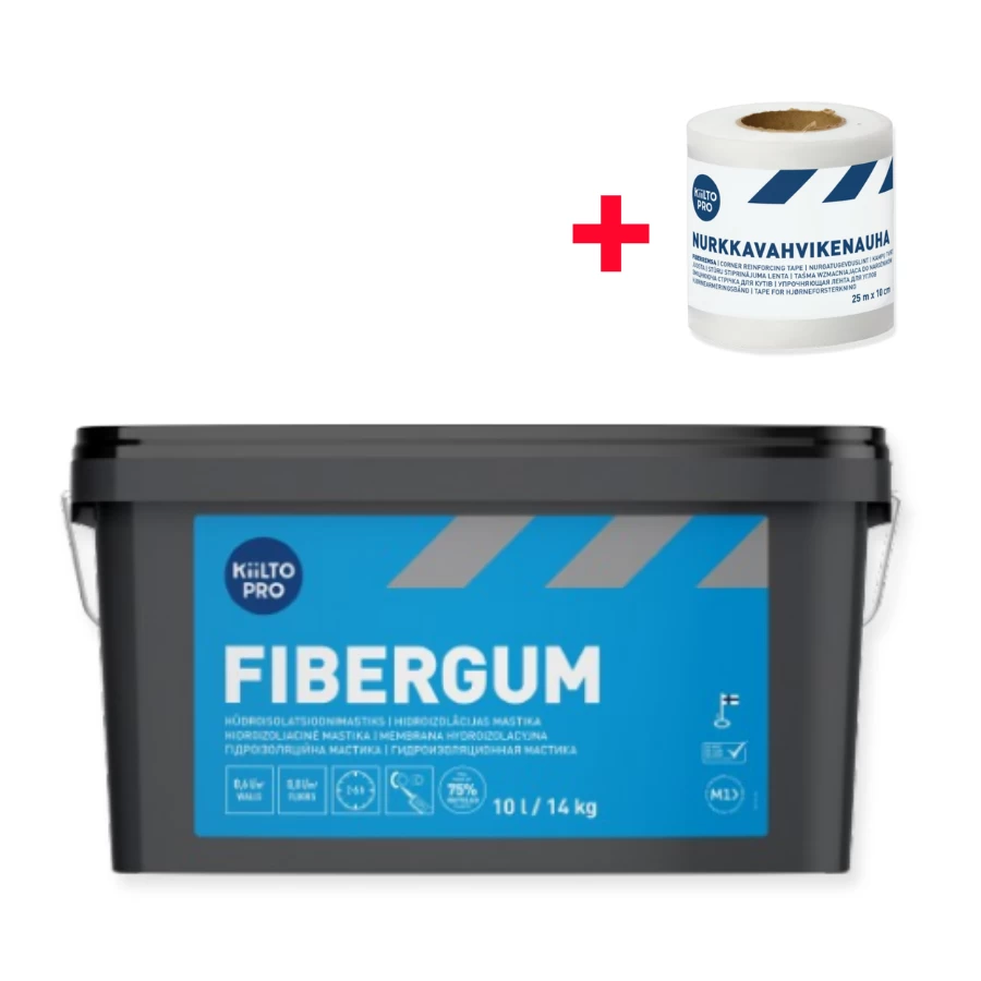 Hidroizoliacinė mastika KIILTO Fibergum, 14kg + hidroizoliacinė juosta