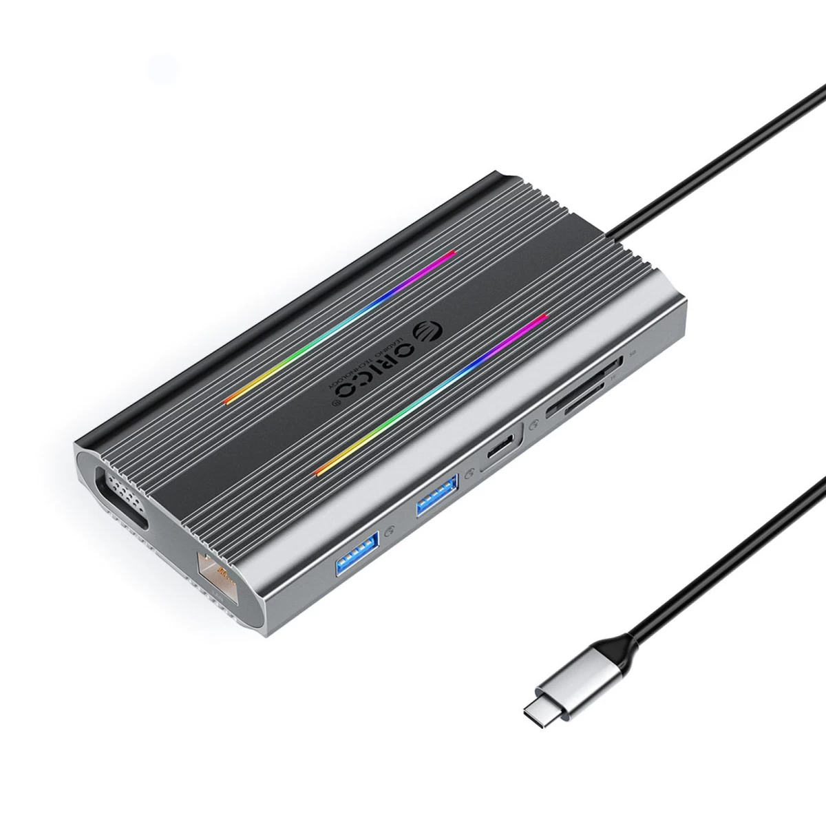 „hub 12-in-1“ Doko Stotis Su Usb-c – Usb-a, Usb-c, Hdmi, Vga, Rj45, Sd, Pd 100 W, 4k, 1000 Mbps, Rgb – Pilka