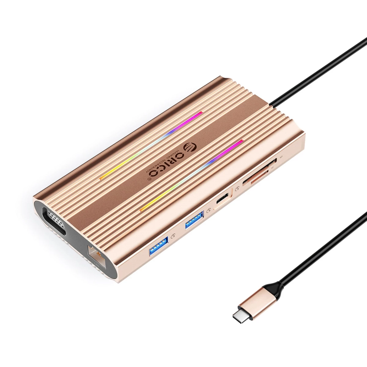 „hub 12-in-1“ Doko Stotis: Usb-c – Usb-a, Usb-c, Hdmi, Vga, Rj45, Sd, Pd 100 W, 4k, 1000 Mbps, Rgb – Rožinė Auksinė