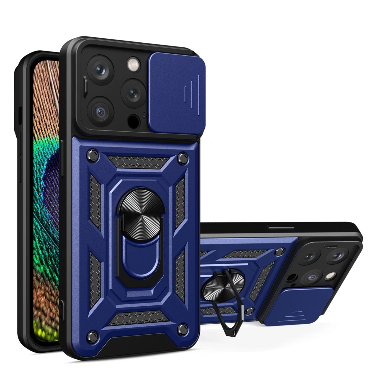 hybrid Armor Camshield Apsauginis Dėklas Su Stovu Ir Fotoaparato Dangteliu iphone 15 Pro Max - Mėlynas hybrid Armor Camshield Apsauginis Dėklas Su Stovu Ir Fotoaparato Dangteliu iphone 15 Pro Max - Mėlynas