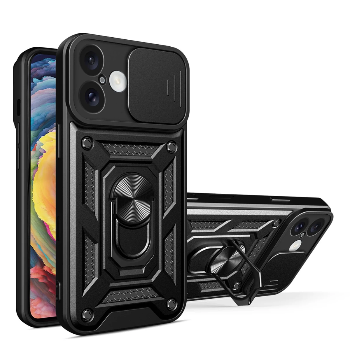 hybrid Armor Camshield Dėklas iphone 16 Plus Su Fotoaparato Dangteliu Ir Stovu - Juodas