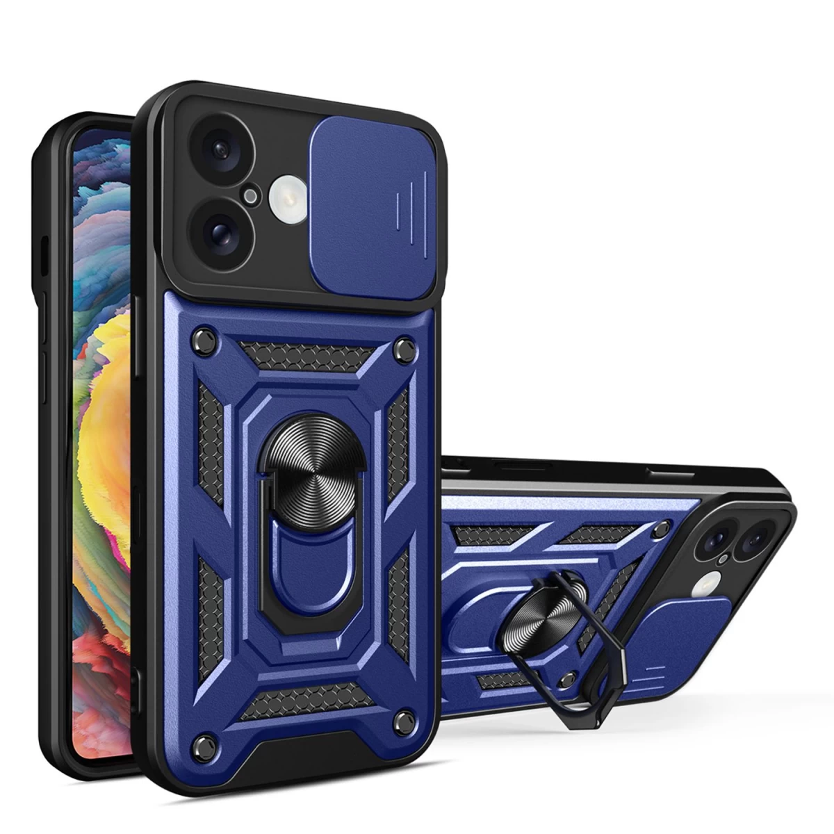 hybrid Armor Camshield Dėklas iphone 16 Plus Su Fotoaparato Dangteliu Ir Stovu - Mėlynas