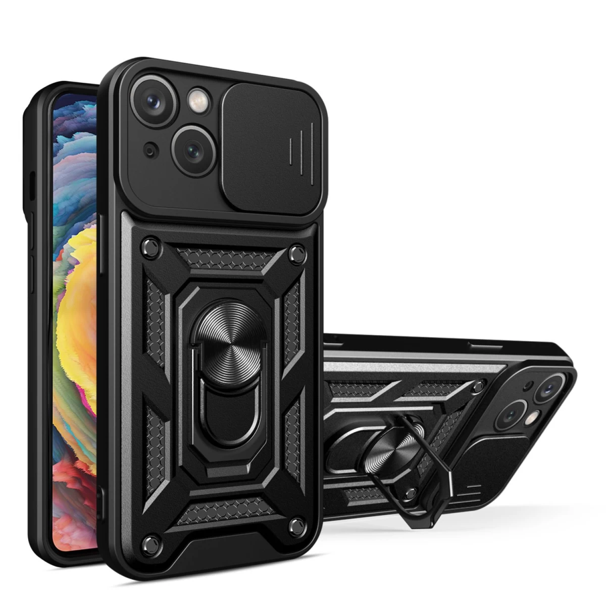 hybrid Armor Camshield Dėklas Su Stovu Ir Fotoaparato Dangteliu iphone 15 Plus - Juodas