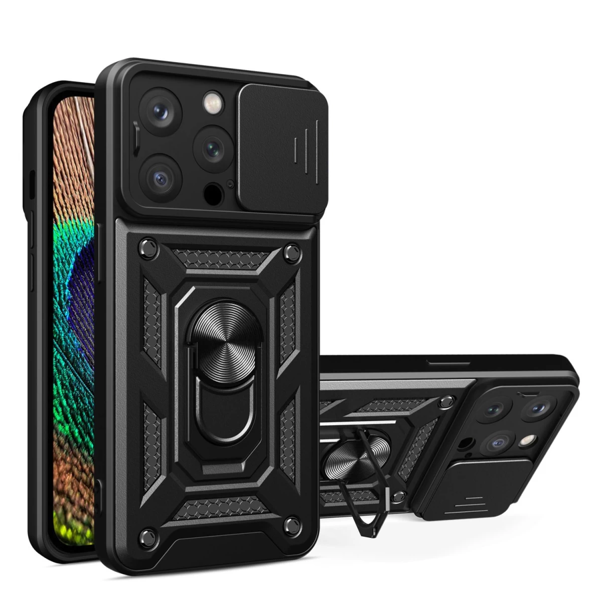 hybrid Armor Camshield Dėklas Su Stovu Ir Fotoaparato Dangteliu iphone 15 Pro Max - Juodas