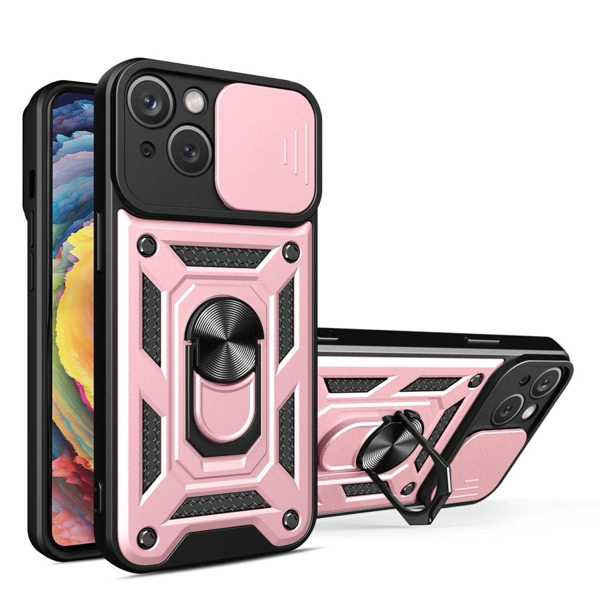Hybrid Armor Camshield Iphone 14 Plus šarvuotas Dėklas Su Kameros Dangteliu Rožinės Spalvos