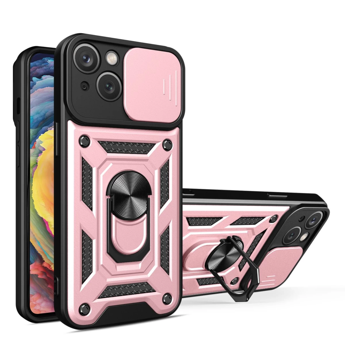 Hybrid Armor Camshield Iphone 15 Plus Dėklas Su Stovu Ir Fotoaparato Dangteliu - Rožinis
