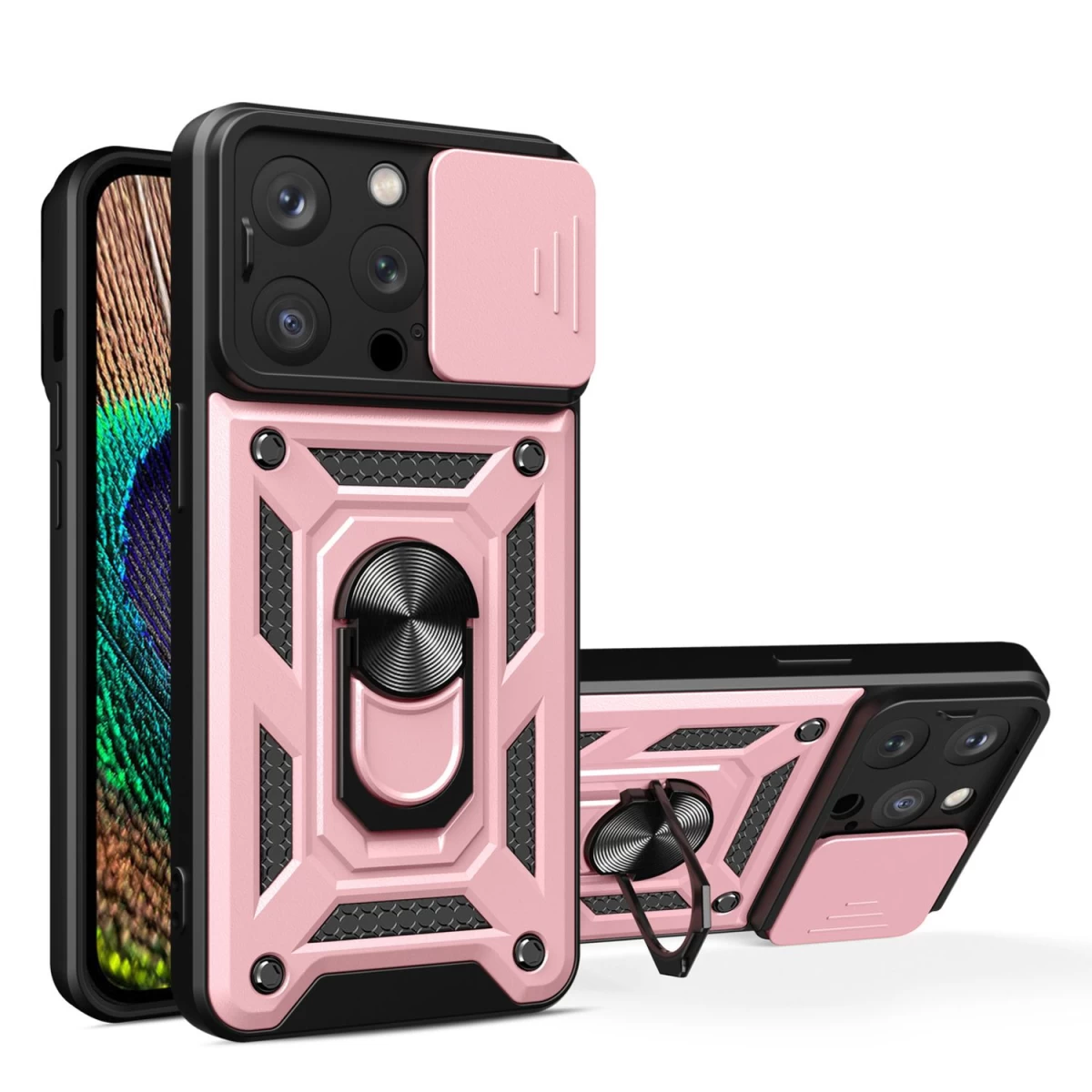 hybrid Armor Camshield Rožinis Tvirtas Dėklas Su Stovu Ir Fotoaparato Dangteliu, Skirtas iphone 15 Pro hybrid Armor Camshield Rožinis Tvirtas Dėklas Su Stovu Ir Fotoaparato Dangteliu, Skirtas iphone 15 Pro
