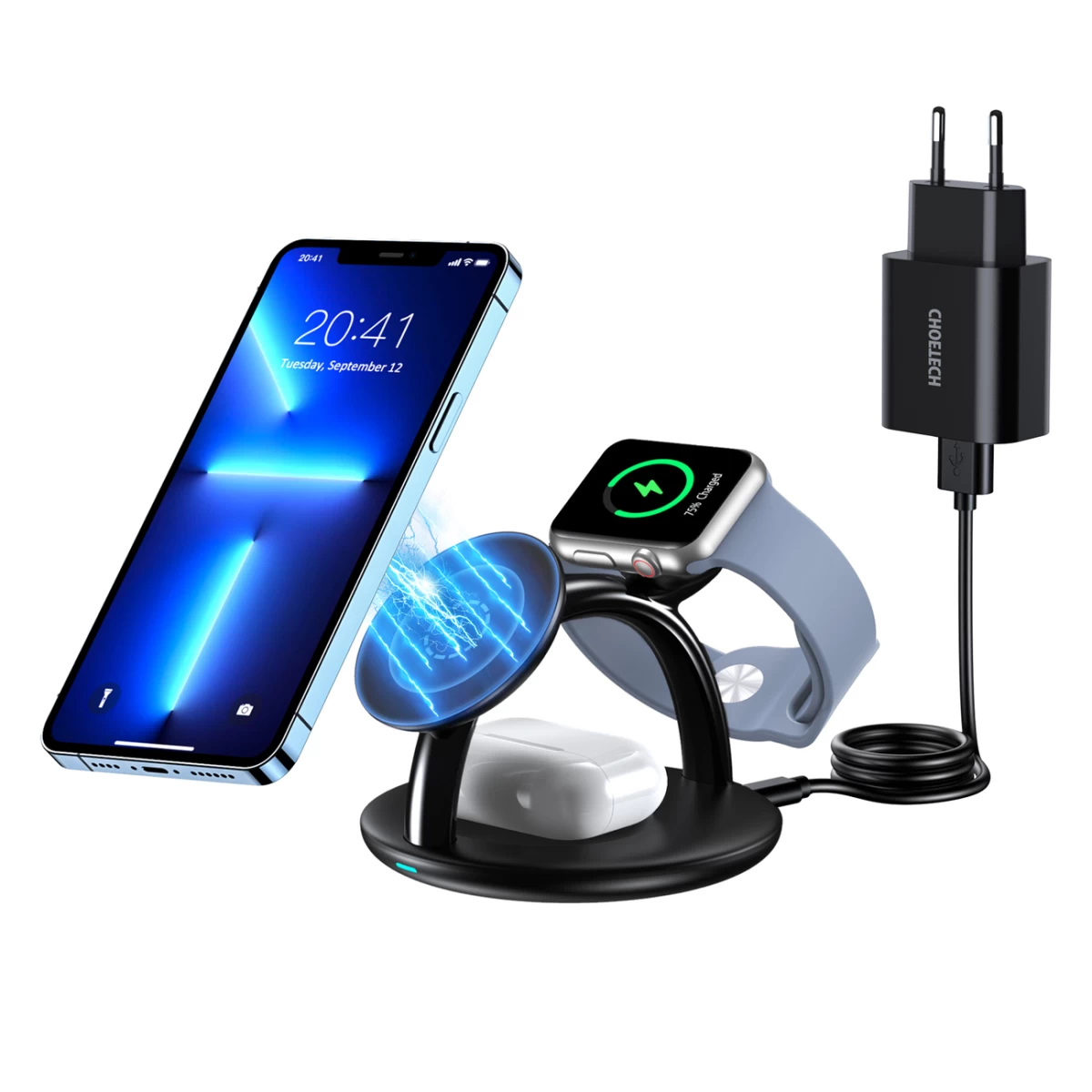 Indukcinė įkrovimo Stotelė Iphone Airpods Pro Apple Watch 3in1 Juoda
