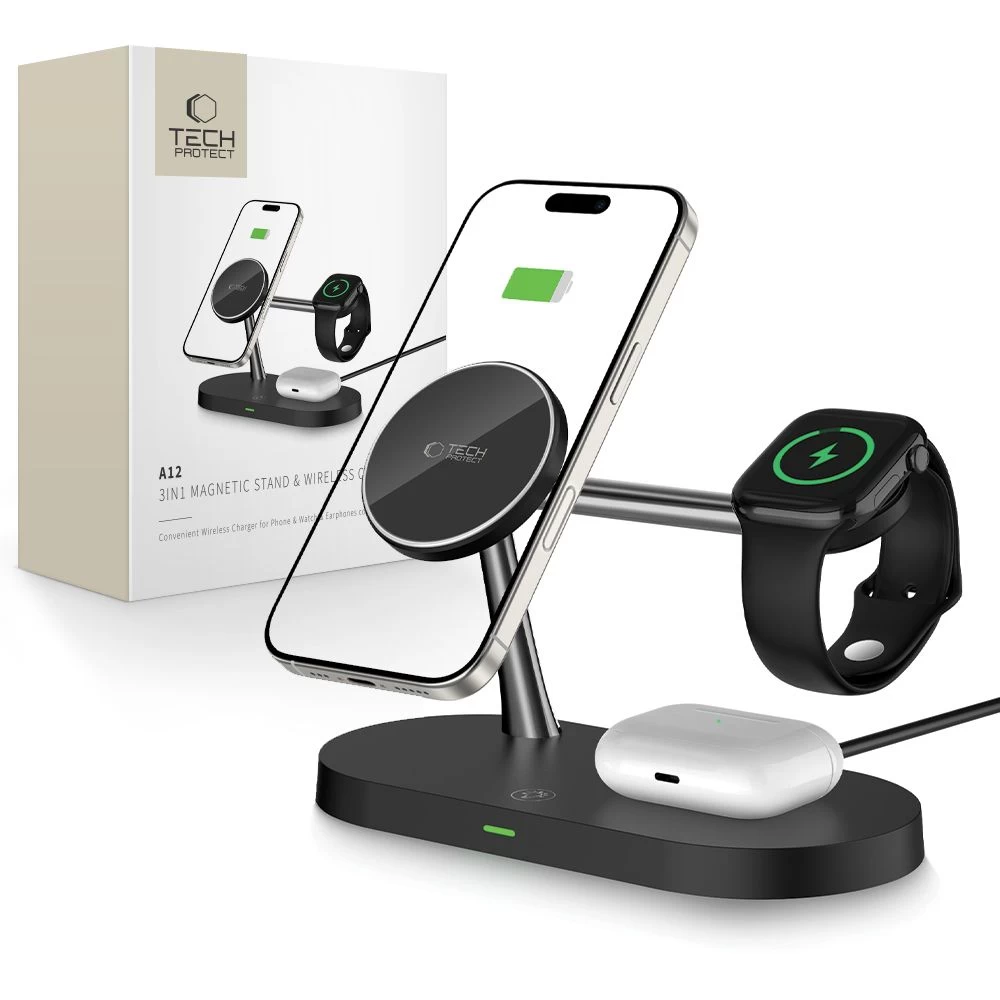 Indukcinis įkroviklis 3-in-1, Skirtas Išmaniesiems Telefonams, Ausinėms Ir Išmaniesiems Laikrodžiams Su magsafe - Juodas