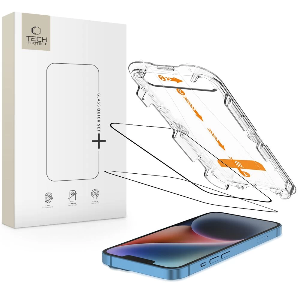 iphone 13 / 13 Pro / 14 / 16e Grūdintas Stiklas Su quick Set+ Montavimo Rėmeliu - 2 Vnt.