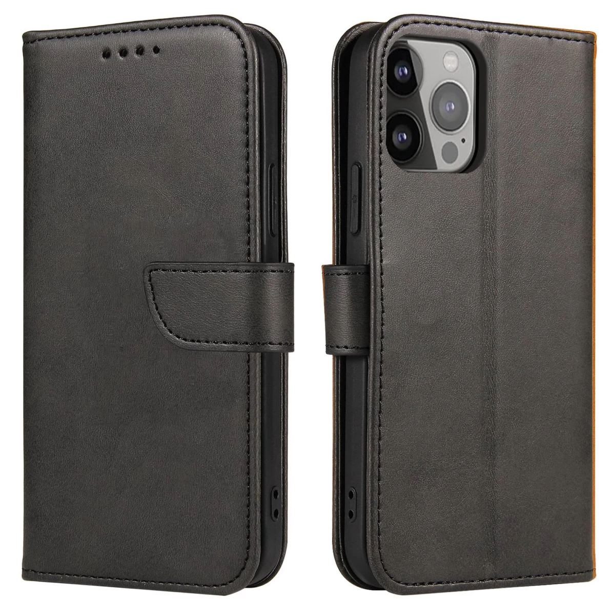 „iphone 15 Pro Magnet Case“ Dėklas-piniginė Su Atverčiamu Dangteliu Ir Atrama – Juodas