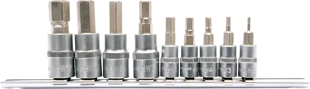 Įpresuotų antgalių rinkinys 1/4+3/8, 9 vnt Hex H2-H12 (YT-04401)