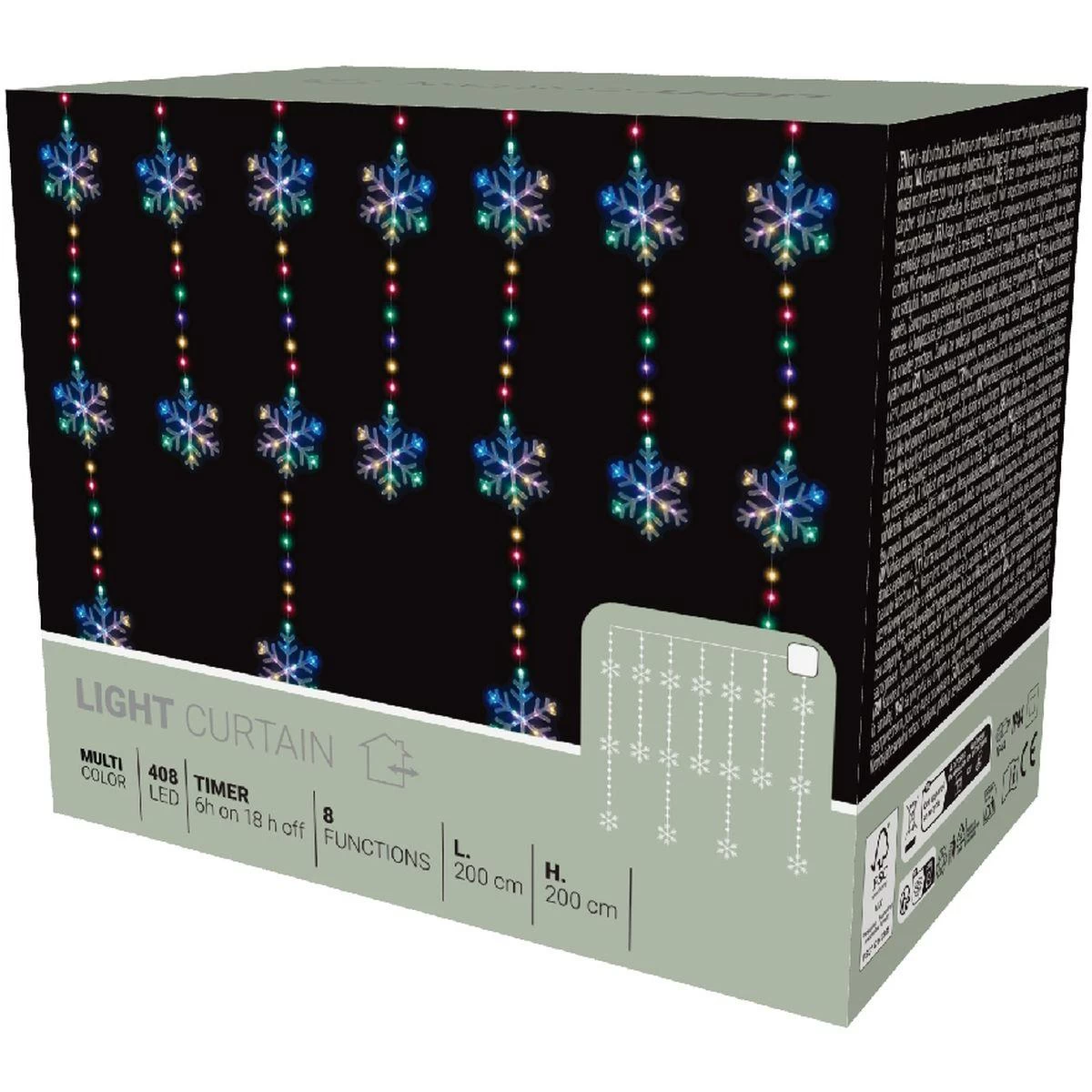 Kalėdų Eglutės Lempučių šviesos Užuolaida 200x200 Cm 408led Snaigės Multikolor