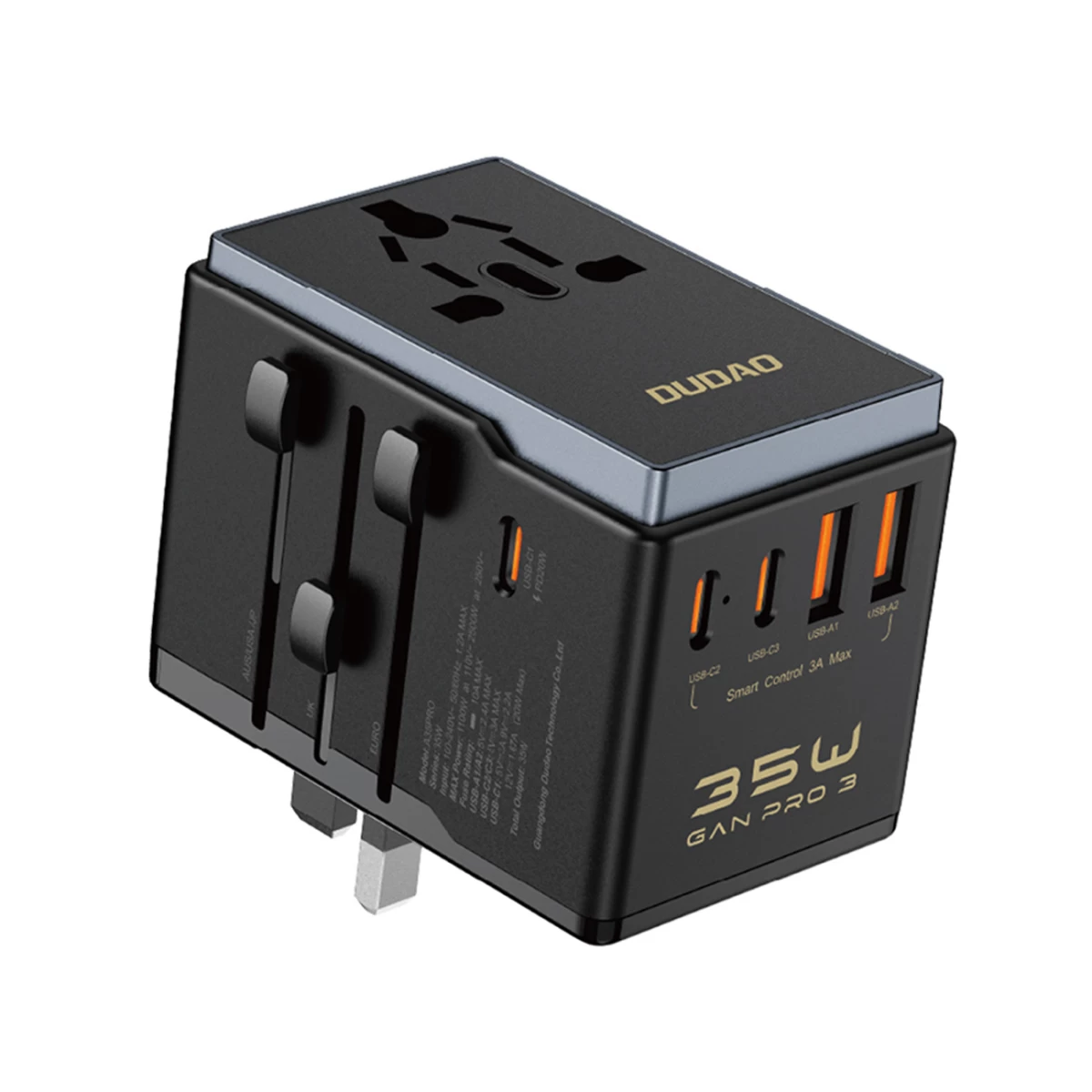 Kelioninis įkroviklio Adapteris A35pro 35w Eu / Uk / Aus / Us / Jp 3x Usb-c 2x Usb-a - Juodas