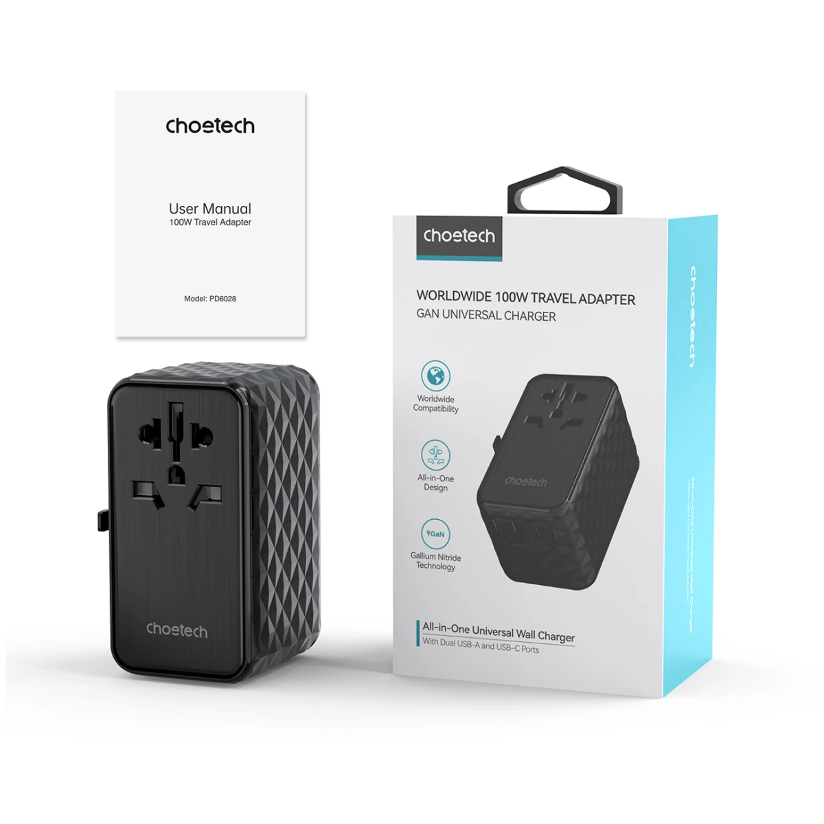 Kelioninis įkroviklio Adapteris Eu / Us / Aus / Uk 2x Usb-c 2x Usb-a 100w - Juodas