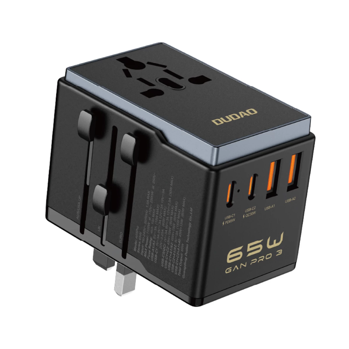 Kelioninis įkroviklio Adapteris Gan Pro 3 65w Eu / Us / Jp / Aus / Uk 2x Usb-c 2x Usb-a - Juodas