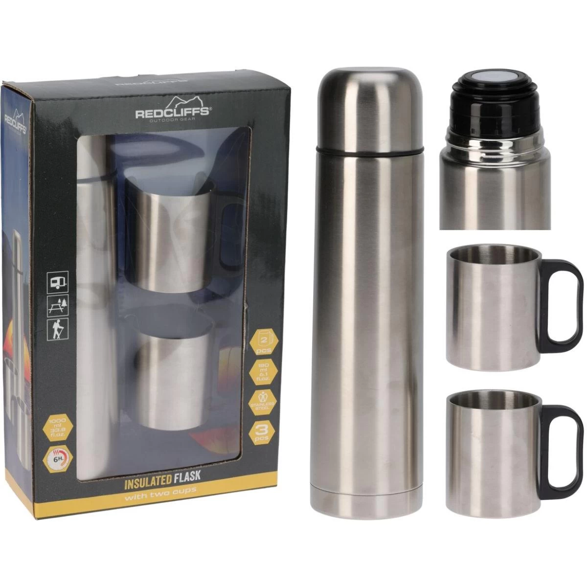 Kelioninis Termosas 1000 Ml Su 2 Puodeliais Sidabrinis