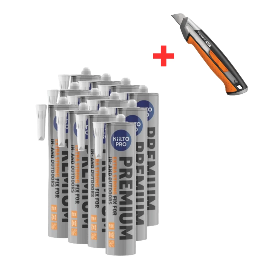 Klijai-hermetikas KIILTO Pro Premium, 290ml 12vnt + FISKARS peilis Klijai-hermetikas KIILTO Pro Premium, 290ml 12vnt + FISKARS peilis