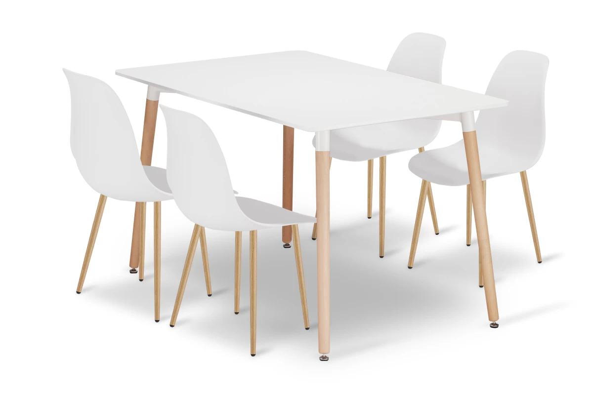 Komplektas Adria Stalas 120 Cm X 80 Cm - Baltos Spalvos + 4 Kėdės Wat Baltos Spalvos / Natūralios Kojos