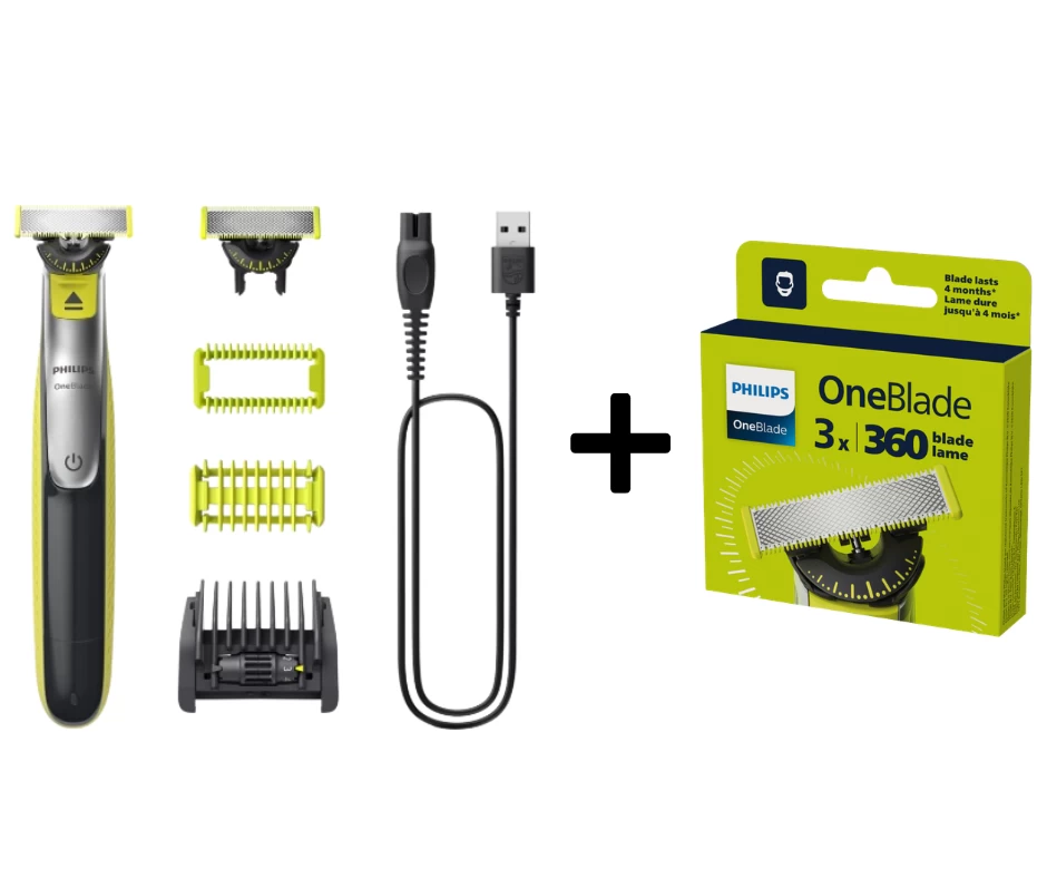 Komplektas - Daugiafunkcis kūno ir veido skustuvas Philips OneBlade 360 QP2834/23 + Philips Norelco OneBlade QP430/50 Atsarginiai barzdaskutės peiliukai