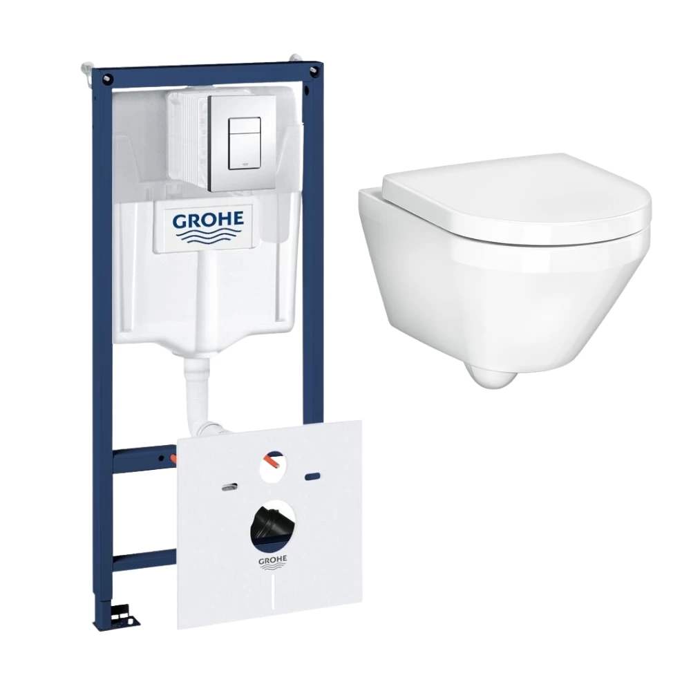 Komplektas: GROHE Rapid SL 5in1 potinkinis rėmas su chromuotu mygtuku ir Gustavsberg pakabinamas klozetas su soft close dangčiu