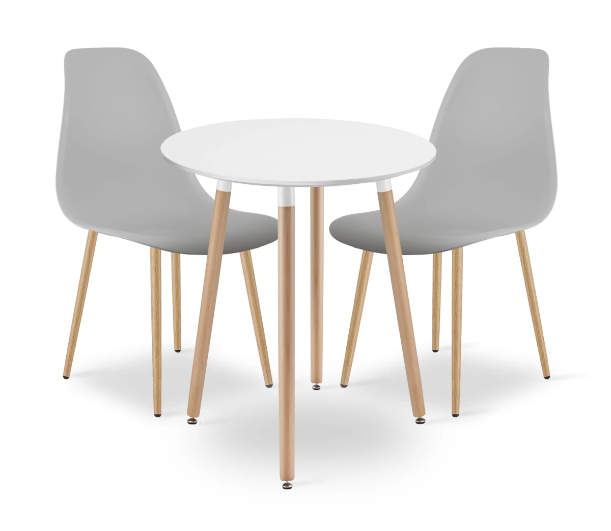 Komplektas Kami Apvalus 60 Cm Stalas - Baltas / Natūralios Kojos + 2 Kėdės Wat Pilka / Natūralios Kojos