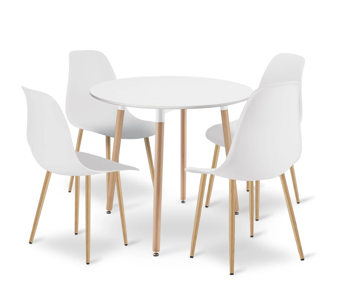 Komplektas Kami Apvalus 80 Cm Stalas - Baltas / Natūralios Kojos + 4 Kėdės Wat Baltos / Natūralios Kojos